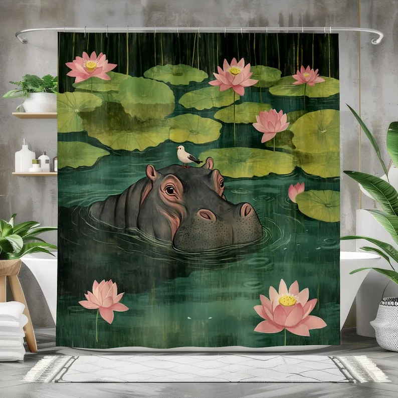 

Whimsical Hippo Shower Curtain - Waterproof with Lily Pads & Bird, Cute Animal Bathroom Decor, Eco-Friendly Fabric