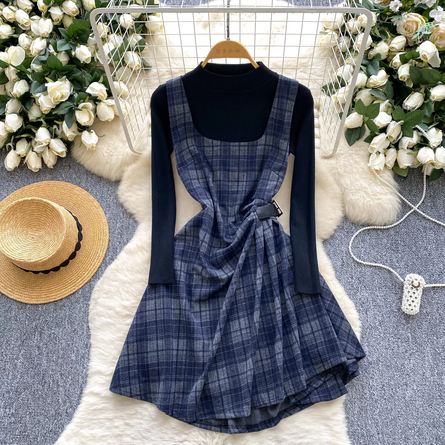 

Сексуальное вязаное платье с квадратным вырезом, винтажное элегантное женское вечернее корейское модное платье феи, комплект из двух предметов