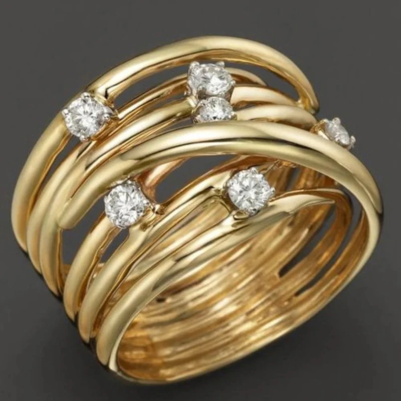 Huitan Kreuz-Design Damenring in Goldfarbe mit glänzendem Zirkonia, modisches Hochzeits- und Party-Accessoire, edler Schmuck, Geschenk für Damen