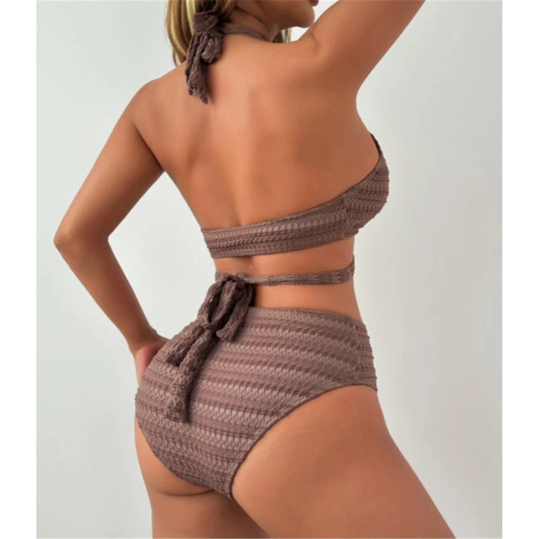 S - XL Neuer, geraffter Neckholder-Badeanzug für Damen, Bikini mit hoher Taille, zweiteiliger Bikini-Set, Badebekleidung, Badeanzug, Schwimmbekleidung V7481 – Detail 6