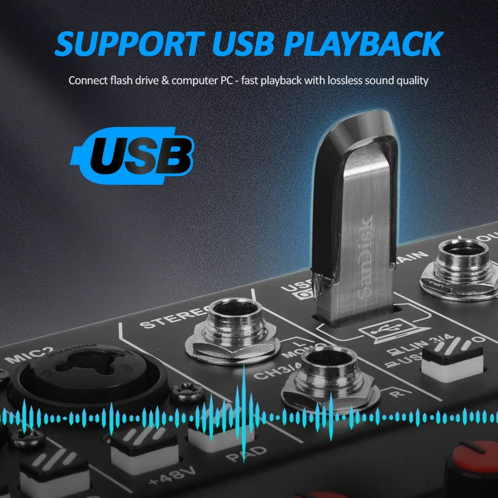 Mixer Audio 4 saluran, dengan mikrofon nirkabel UHF fungsi USB/Bluetooth 99DSP efek PC rekaman konsol DJ untuk Karaoke rumah