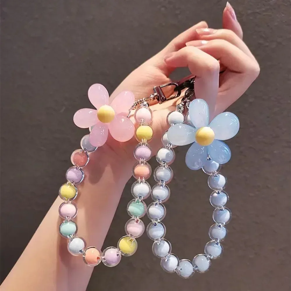 Macaron Color Cell Phone Charm Lanyard Anti-lost Flower Beaded Car Keychain Wrist Strap Hand-held Mobile Phone Case Pendant