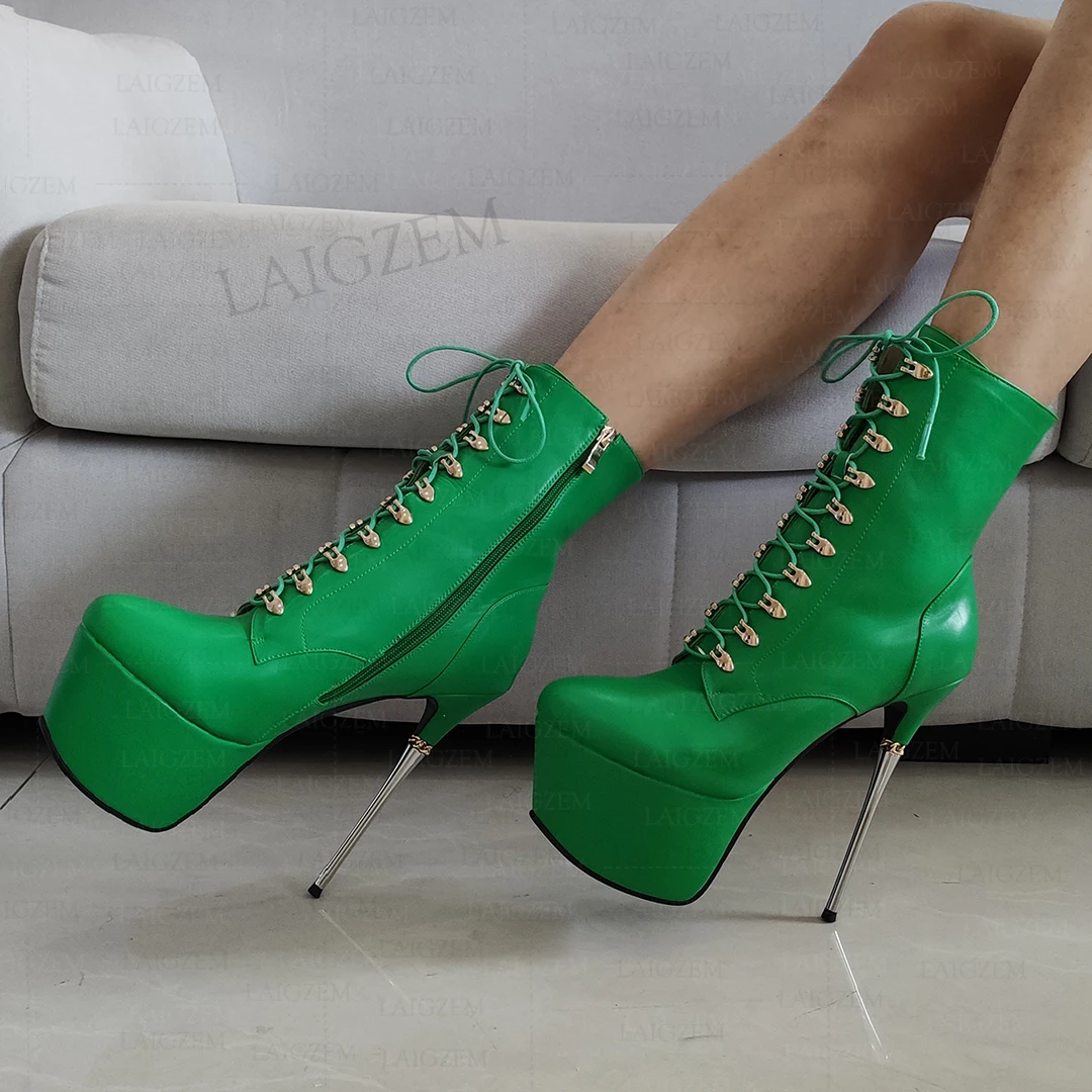 LAIGZEM SUPER Women Ankle Boots Platform Metal High Heels Zip Up Faux Leather Party Club Cosplay Shoes Woman Big Size 39 41 43
