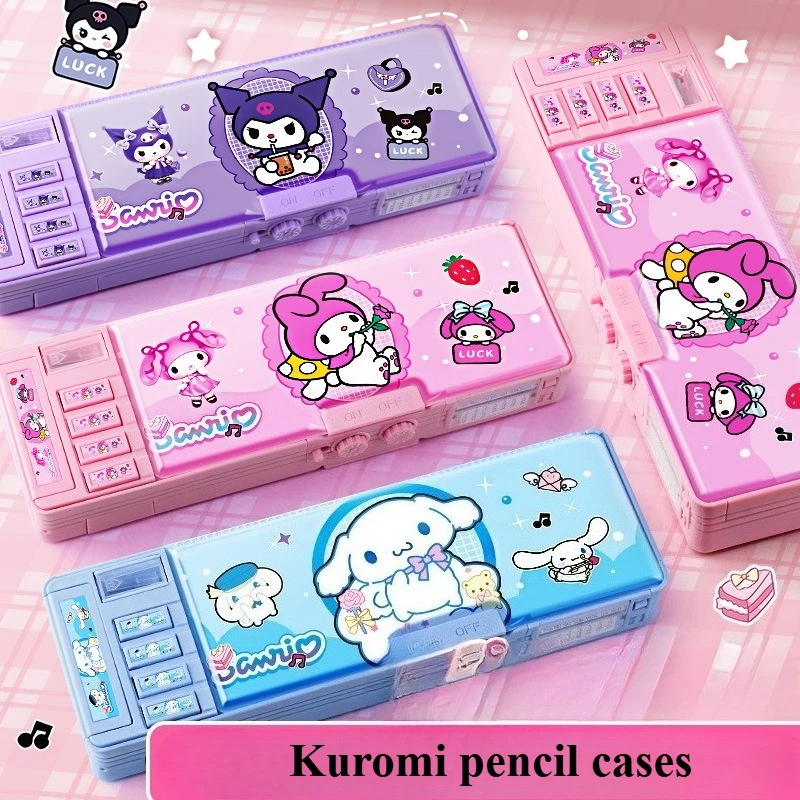 

Sanrio Creative Multi-functional Plastic Stationery Box with Password Pen Sharpener Kuromi Cinnamoroll Double-sided Pencil Case