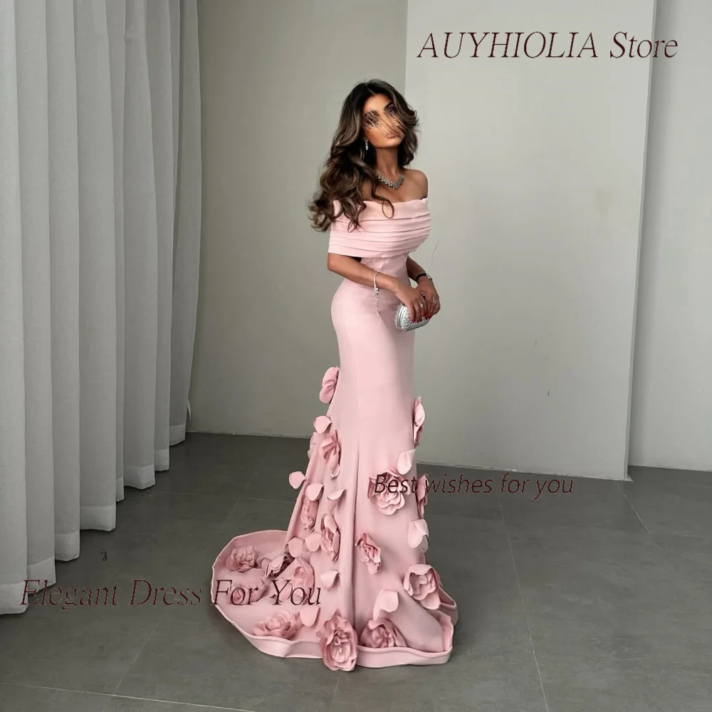 Satin Evening Dress For Sexy Women 정장원피스 Vestidos de festa Elegant Off Shoulder 3D Appliques Floor-Length Cocktail Prom Gown