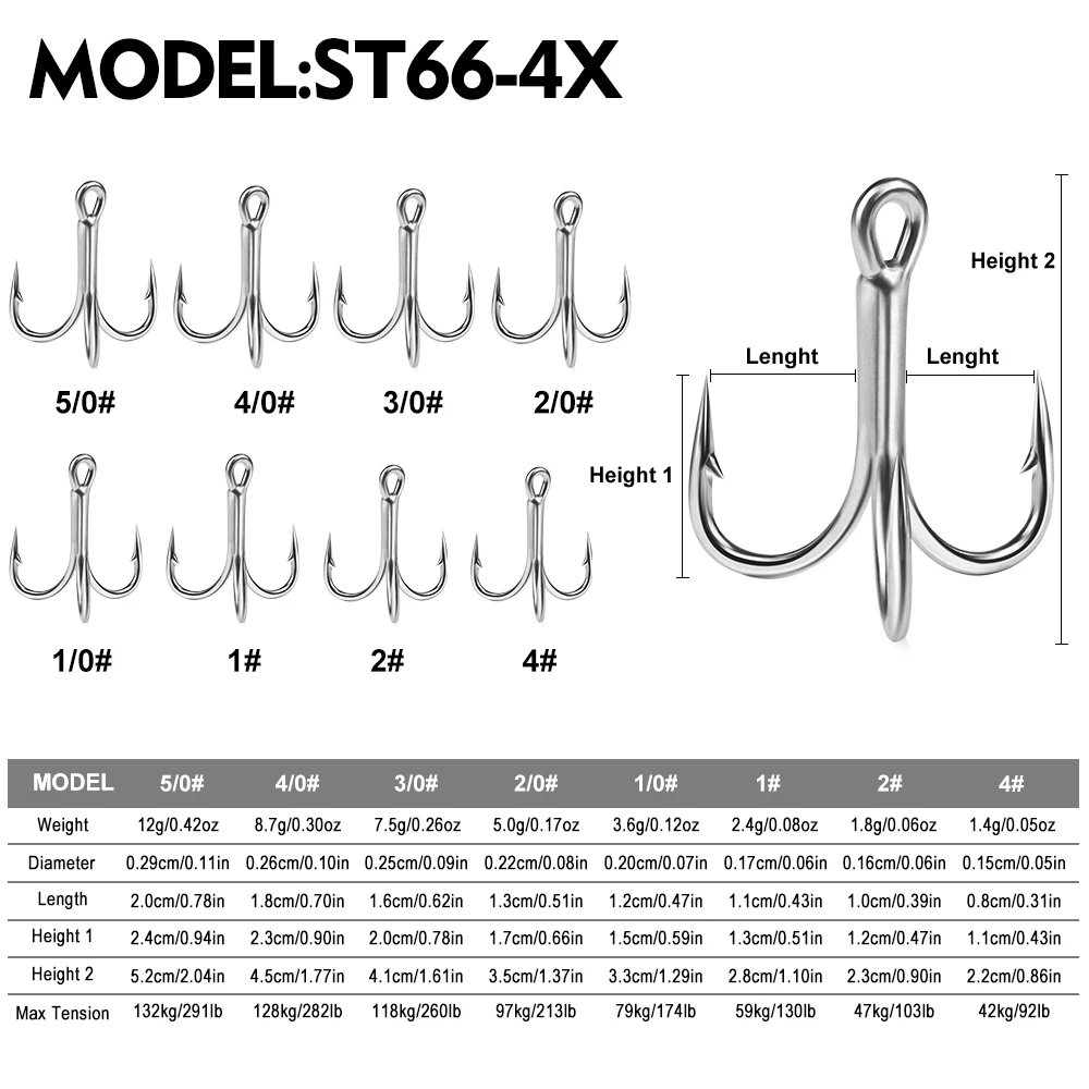 Proberos 10 Stück 4 x starke, runde Drillinge mit Widerhaken, Kohlenstoffstahl, 42–132 kg maximale Spannung – Detail 1