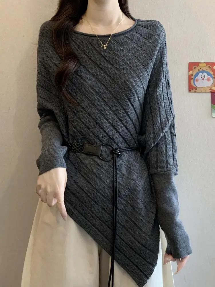

Autumn Winter Black Fashion Versatile Irregular Sweater Korean Casual Women Grey Long Sleeve Pullovers Knitwear Tops Streetwear