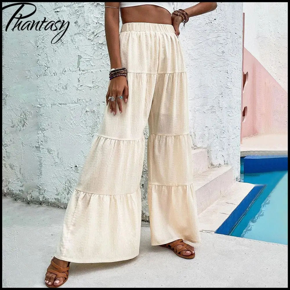 Versatile Commuter Wide-Leg Pants with Elastic Waistband, Patchwork and Pleated Design Casual Women's Summer Trousers Vacation