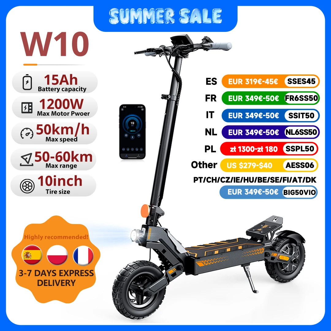 Trottinette électrique W10 E, 10 pouces, 1200W de puissance maximale, 48V13.5Ah, autonomie de 55 km, vitesse de 45 km/h, pneus tout-terrain, frein à disque double, avec application, trottinettes
