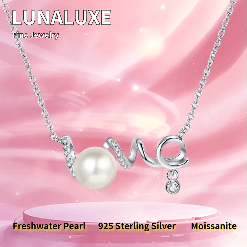 

Silver 925 LOVE Shape Moissanite Necklace 8MM Round Natural Pearls Women's Necklaces Luxury Jewelry Not Fading