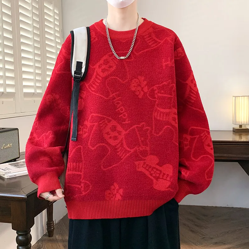 

Новинка 2025, мужской вязаный свитер, зимняя одежда для пар, год, красный трикотаж, повседневный свободный крой, длинный све, круглый Ne