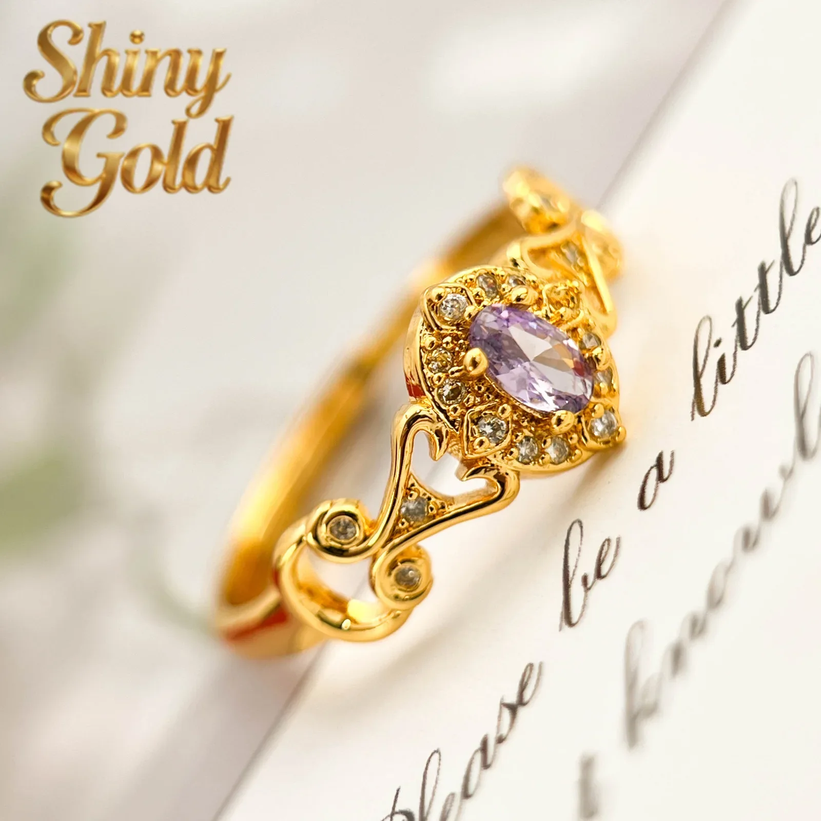 

ShinyGold Light luxury jewelry 9999 24K real gold inlaid Chinese retro purple-red zircon ring hollow dot diamond palace style