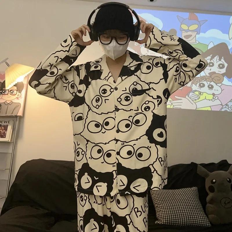 Couple Pajamas Cartoon Cinderblock Men\'s Summer and Fall Long-sleeved Set of Large Size Homewear Suit Can Be Worn Outside Suit