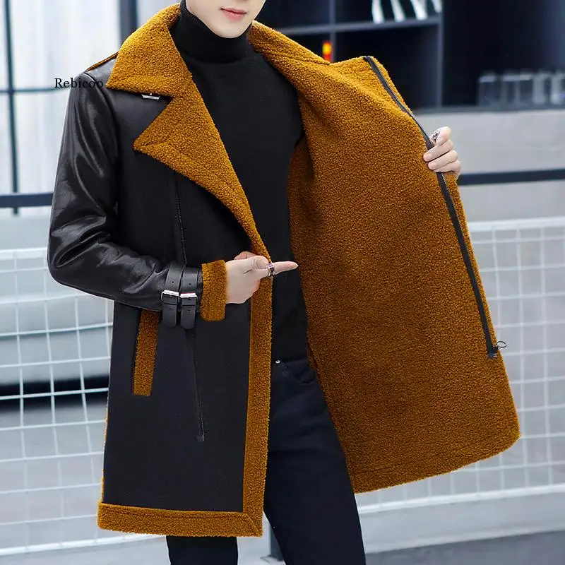 

Casual Men's Medium Long Faux Leather Jacket Clothes Velvet Warm Korea Fashion Winter Plush Fur Windbreaker Pu Coat Outwear Tops