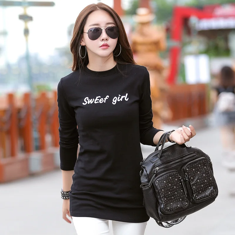 

New Winter T Shirt Women Long Sleeve O-neck T-shirts Fashion Embroidery Letters Tshirts Long Tunic Tops Autumn Basic Tees