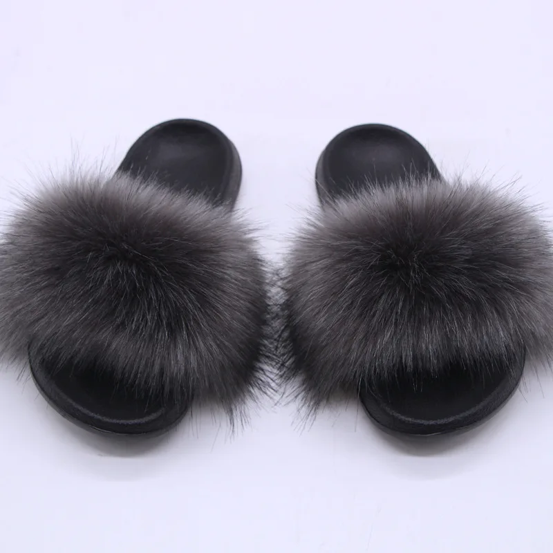 Damen Kunstfell-Slipper Flauschige Offene Pantoffeln für Drinnen und Draußen Lässige Flache Sandalen Luxuriöse Pelzige Slides für Damen – Detail 12