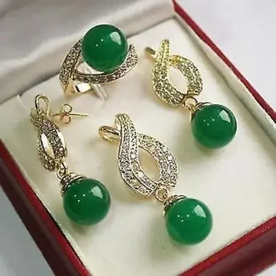 

Jewelry AAA 12mm Green jade Pendant Necklace Earrings Ring set