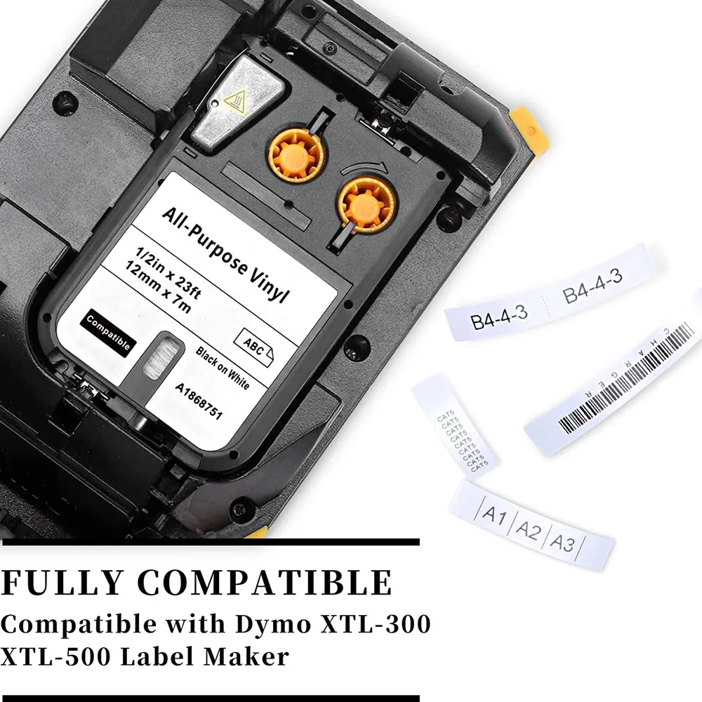 1~5PK Label TAPE DYMO 1868751 Cartridge Black on White All-Purpose Vinyl Labels For DYMO XTL XTL-300 XTL-500 Printer 12mm*7m