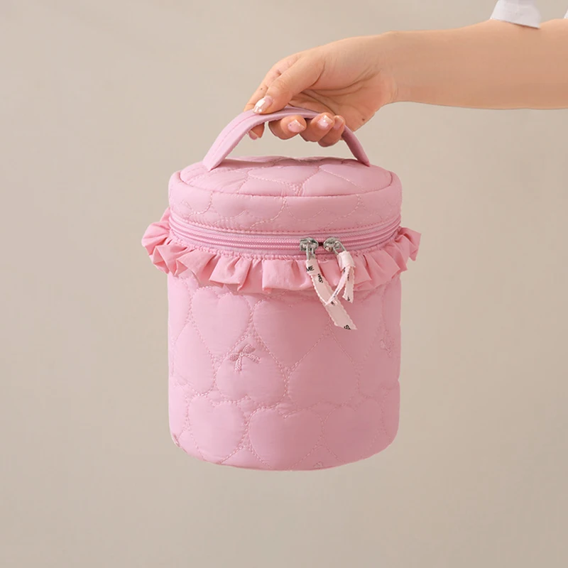 Candy Color Quilted Round Makeup Bag Large Capacity Multi-Compartment Cosmetic Organizer Portable Travel Storage Bucket