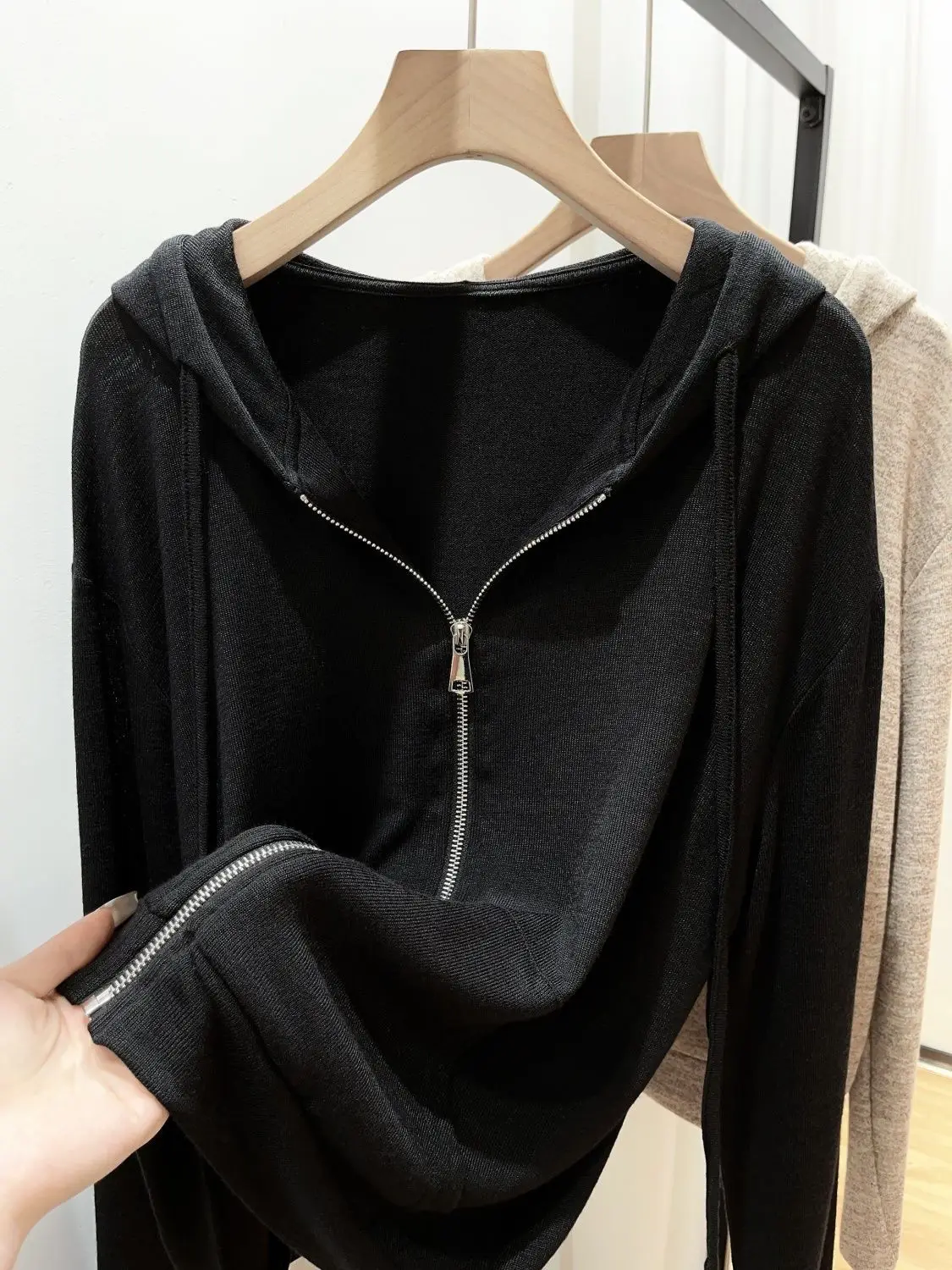 plus Size Women's Zipper Hoodie Thin Long Sleeve Spring Autumn Korean Style Outerwear Casual Comfortable Polyester Jacket