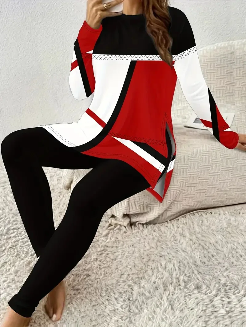 

2025 Autumn Winter Casual Sports Women's Suits Fashionable Printed Round Neck Long Sleeve Loose Tops Slim Trousers Two-piece Set