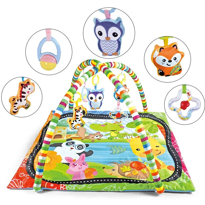 Multifunctional Baby Fitness Frame Crawling Game Blanket Tummy Time Mat with 5 Toys Baby Gym Activity Play Mat for Toddler