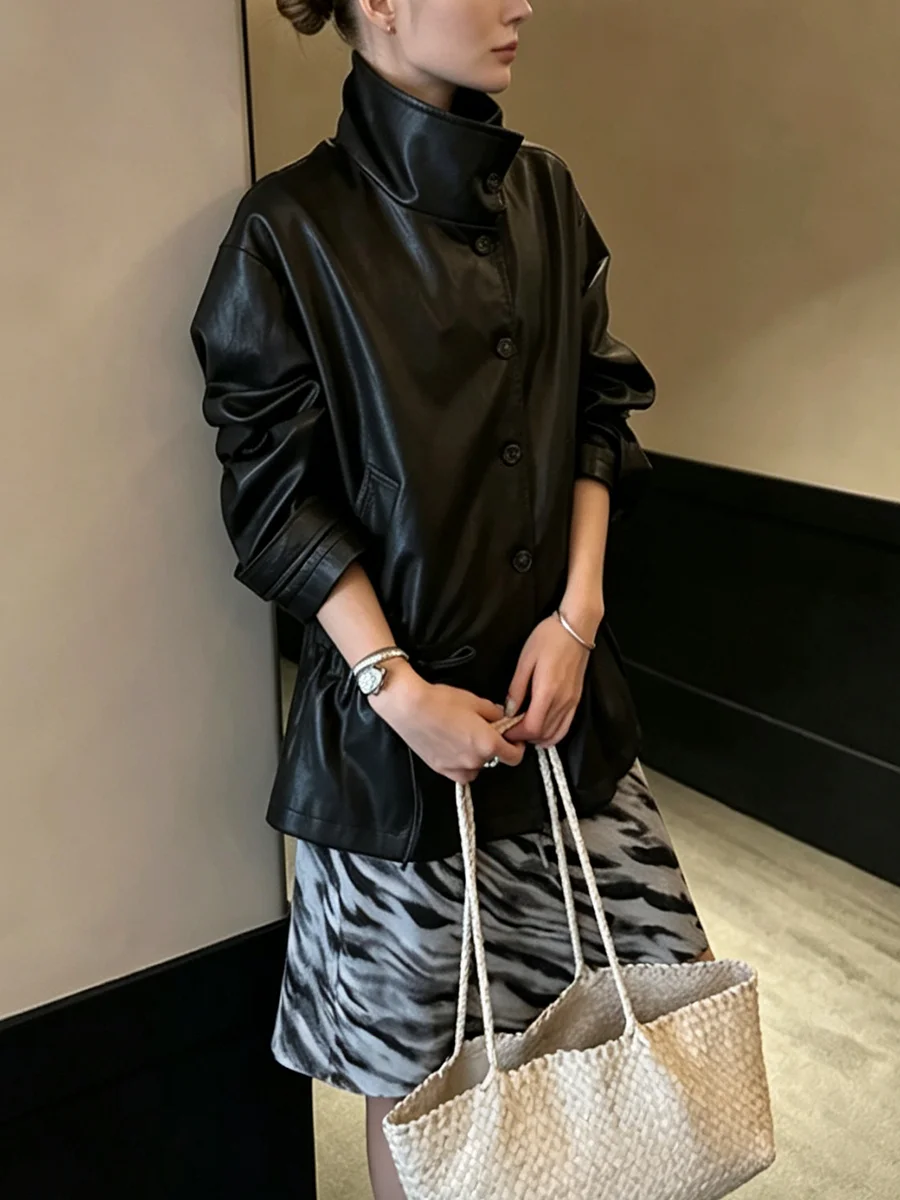 PIUAL Women Faux Leather Stand Collar Jacket Button Front Drawstring Waist Cuff Strap Loose Solid Casual Short Outerwear Coat