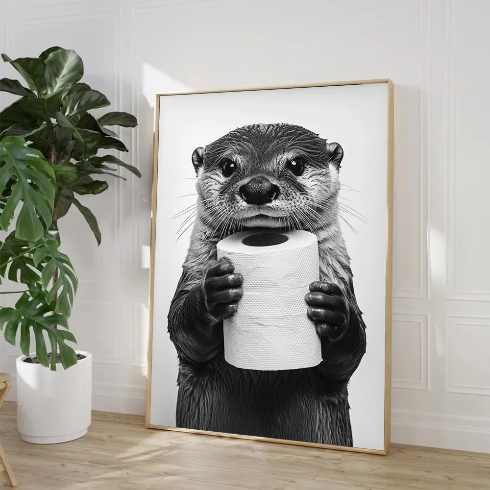 Highland Cow Otter Cat  Raccoon with Toilet Paper Poster Print Canvas  Bathroom Wall  Funny Toilet Humor Home Decor view 3