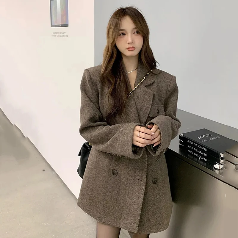 Vintage Brown Faux Fur Blazers Women Autumn Winter Thick Warm Loose Streetwear Coats Y2K Korean Chic Double Breasted Outerwear