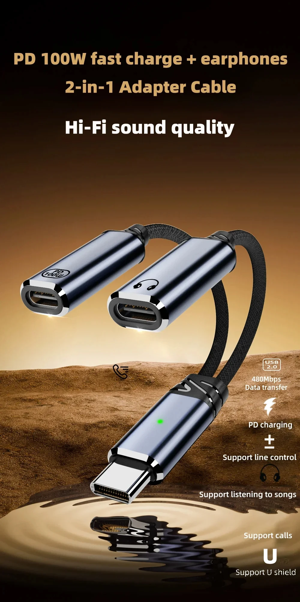Black In-Line Control Cable 100W Fast Charging & Headphone Connectivity for Samsung Galaxy S23 iPhone 16 PM