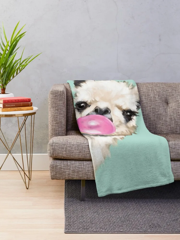 Bubble Gum Sneaky Llama in Green Throw Blanket Luxury Designer Fashion Sofas Plaid Blankets