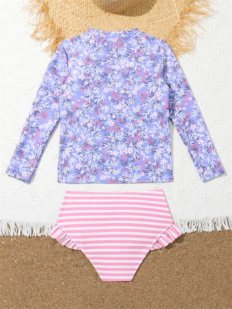 Girls Swimsuit 2024 New Pink Print Long Sleeve Children Swimwear Brief Summer 2 Piece Kids Beachwear Swimming Bathing Suit Girl