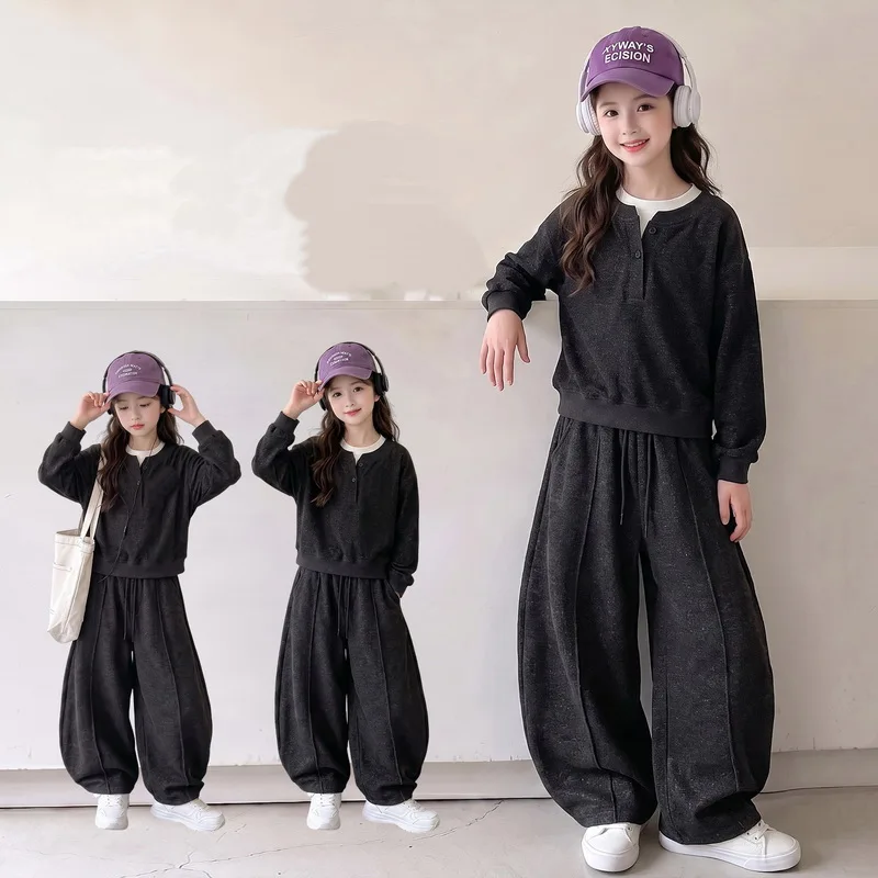 Girls Casual Tracksuit Two-Piece Set Kids Autumn Clothes Wide Leg Pants Sweatshirt Children Clothing Korean Style Spring Autumn