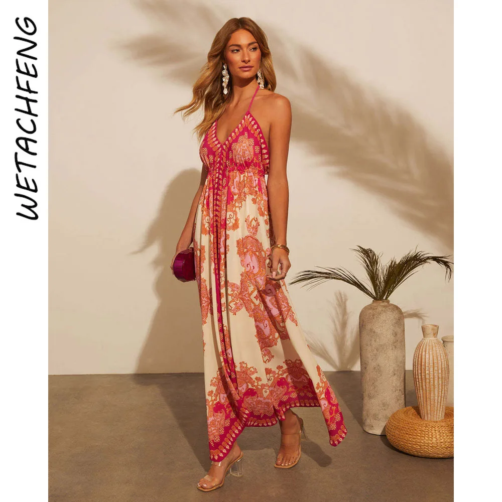 Women's Dress Off-Shoulder V-Neck Floral Print Long Elegant A-Line Evening Dress Spaghetti Straps Boho Holiday Beach Party Gown