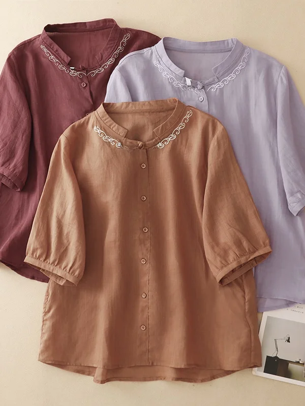 

Retro Artistic round Neck Embroidered Shirt Women's Loose Casual All-Match Single Button Summer New Style Pure Color Top