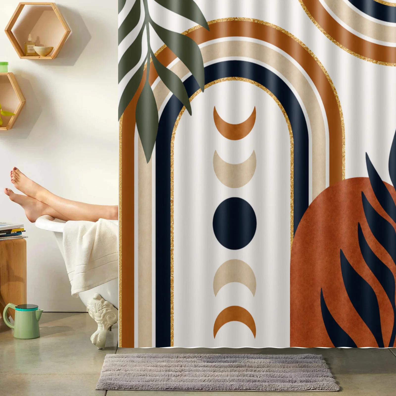 Boho Green Plant One Line Shower Curtain with Hook Waterproof Polyester Fabric Bathroom Modern Minimalist Curtains for Bath Room