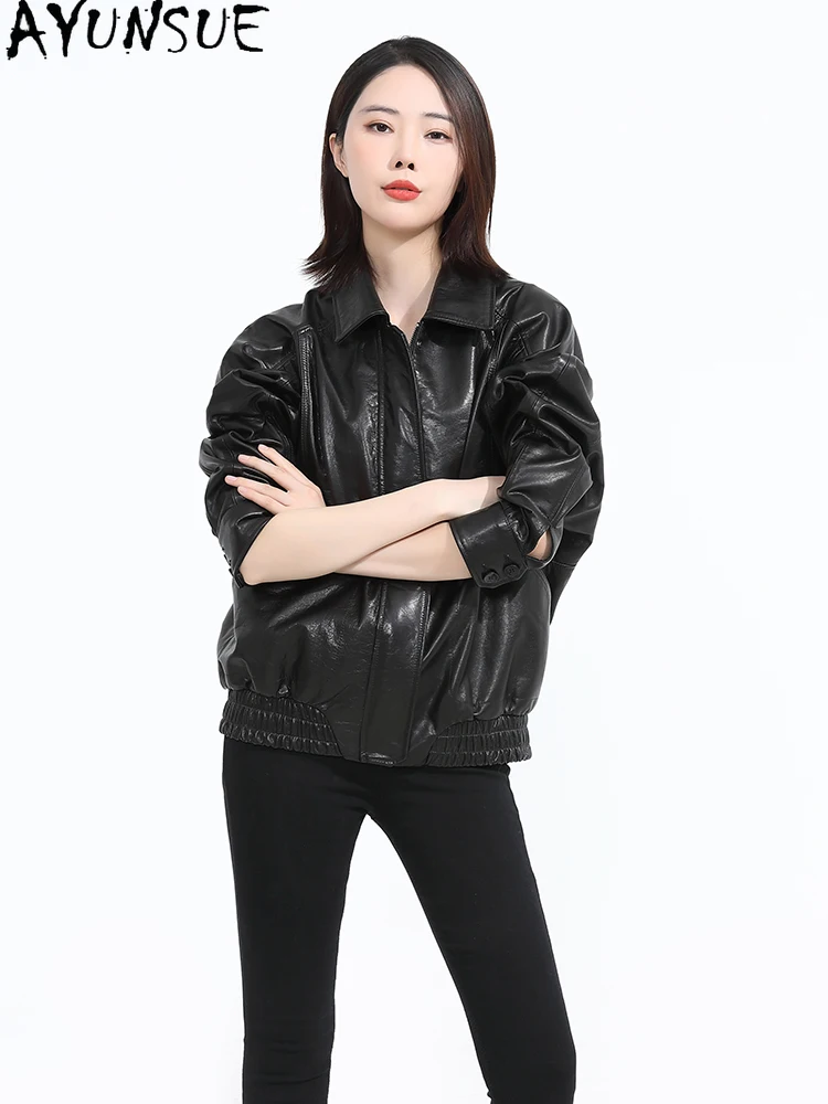 AYUNSUE 100% Genuine Cowhide Leather Jacket Woman 2025 Autumn Vintage Waxed Leather Jackets Woman Clothes High Quality 가죽자켓 여성