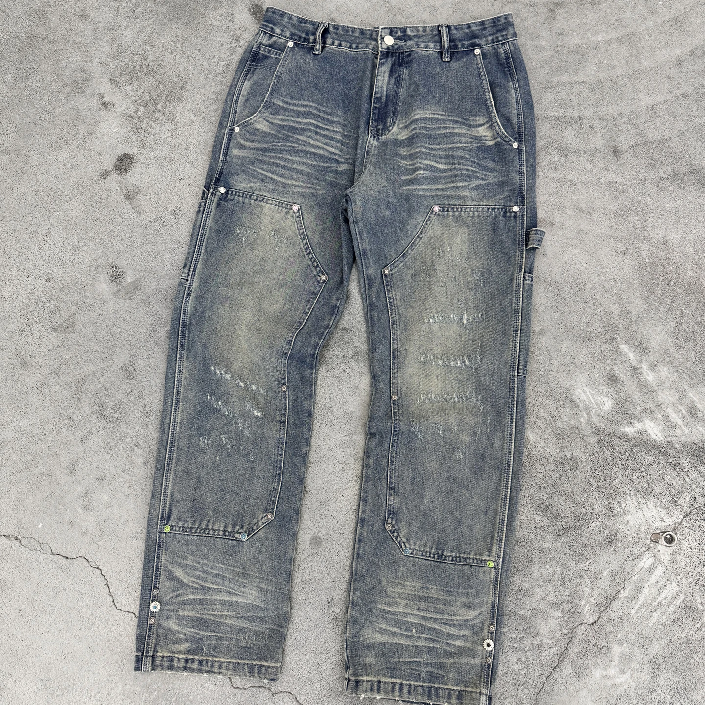 Pine Stone Willow Nail Decoration Washed Blue Logging Jeans Streetwear Baggy Straight Leg Pants Frayed Jeans Y2k Relaxed Fit