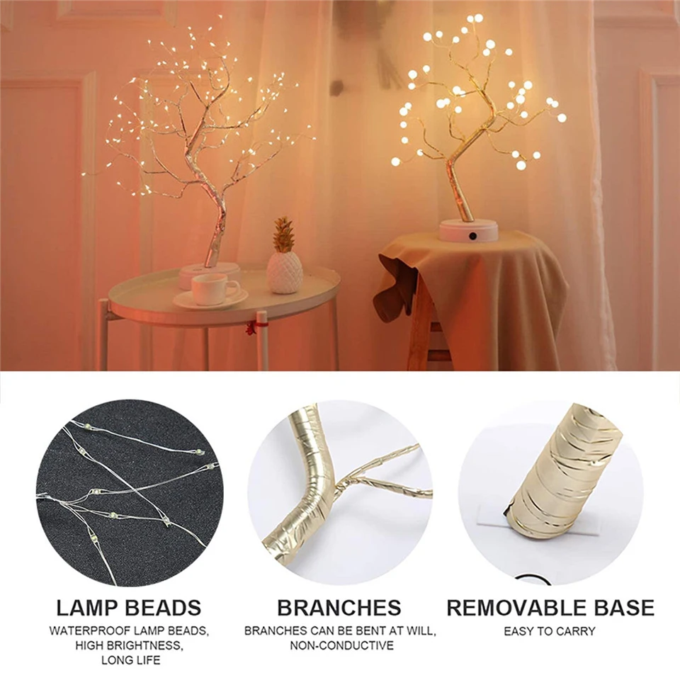 Lampu Malam LED Mini Pohon Natal Kawat Tembaga Lampu Peri Lampu Karangan Bunga untuk Anak-anak Dekorasi Kamar Tidur Rumah Dekorasi Liburan Natal