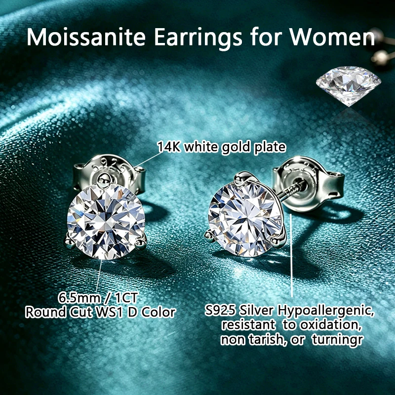 WES 1CT Anting Kancing Moissan - Moissanite Stud Earrings Round Cut 1Ct ulasan dan harga