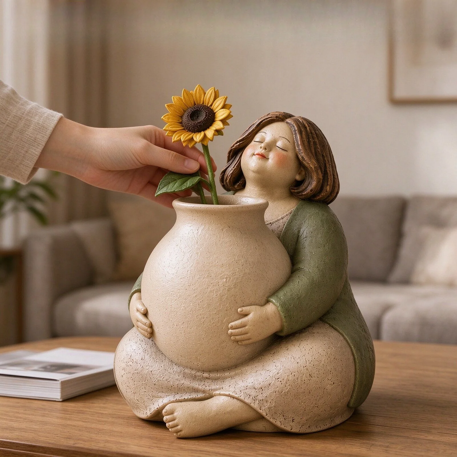 Plump Lady Holding Jar Vase Figurine, Healing Nordic Character Sculpture, Creative Desktop Entryway Resin Craft Home Decoration