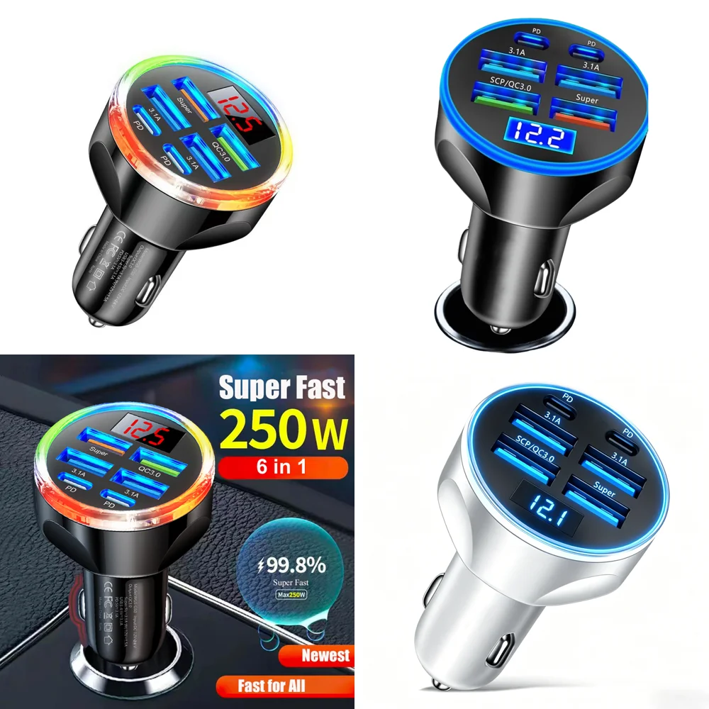 Trending Products 2026 6 in 1 Multi Port USB C Car Charger Super Fast Charge Adapter in Car with with Voltage Display for iPhone