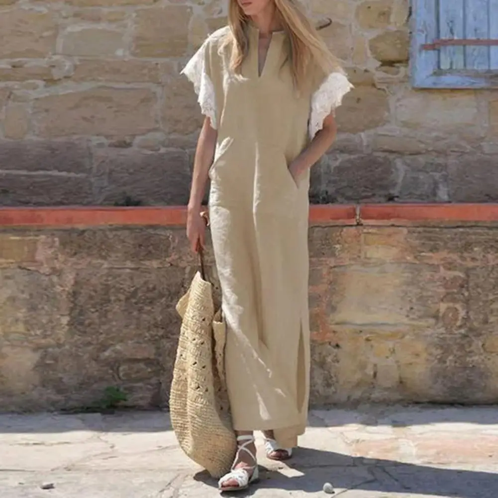 

Women Dress Bohemian Style Retro A-line Maxi Dress with V Neck Lace Cuffs Side Pockets Women's Summer Fashion Women Long Dress