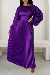 2024 Spring Pleated Loose Fit Maxi Dresses Women Solid Ruched Lantern Sleeve Party Evening Wedding Long Dress Women