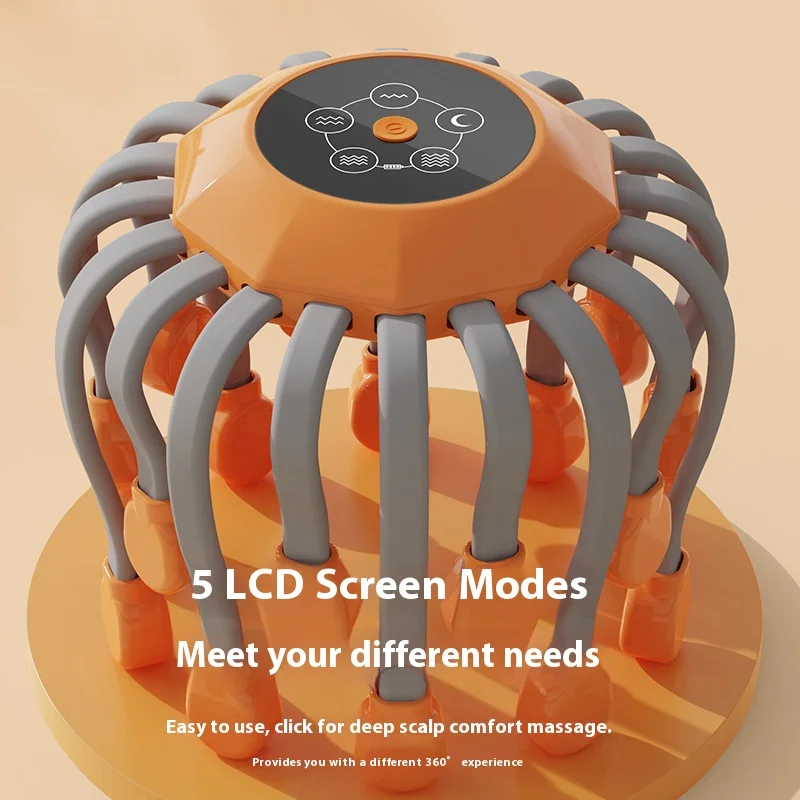 Masajeador de cuero cabelludo naranja con 20 cabezales de masaje, rascador de pulpo vibratorio con luz roja para relajación, alivio del estrés y alivio de la migraña
