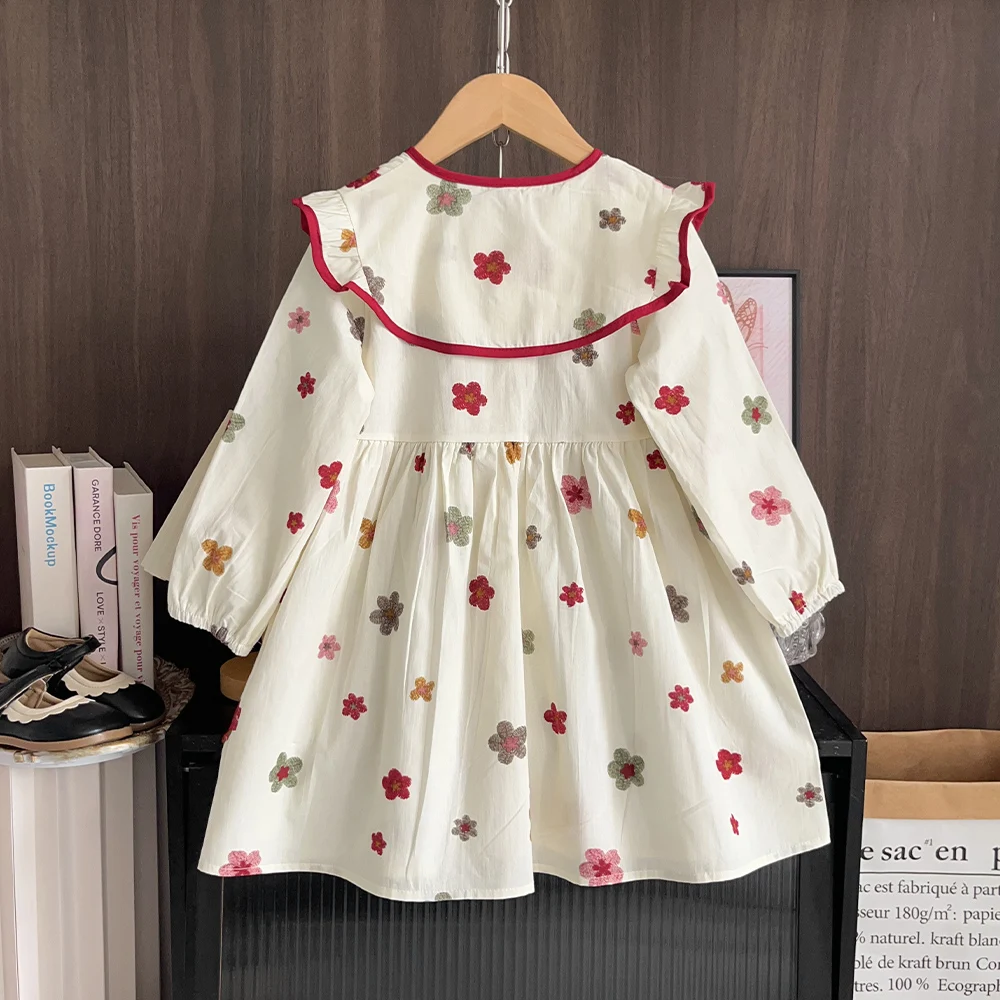 Autumn Sweet and Cute 2-6 Year Old Girl Collar Long Sleeve Flower Printed Dress with Countryside Style
