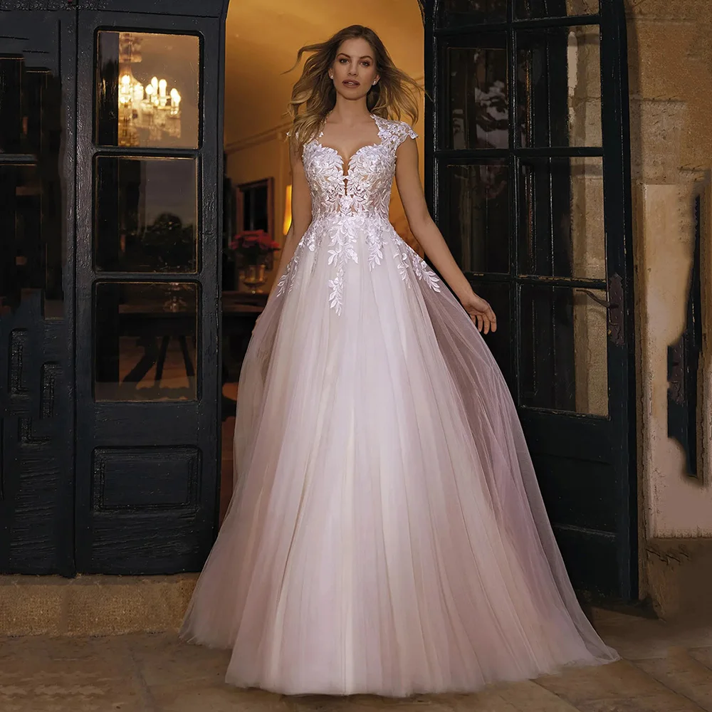 

Princess Luxury Wedding Dresses 2025 Lace Applique A-Line Boho Bridal Gown Detachable Cap Sleeves Tulle Brides Dresses Customizd