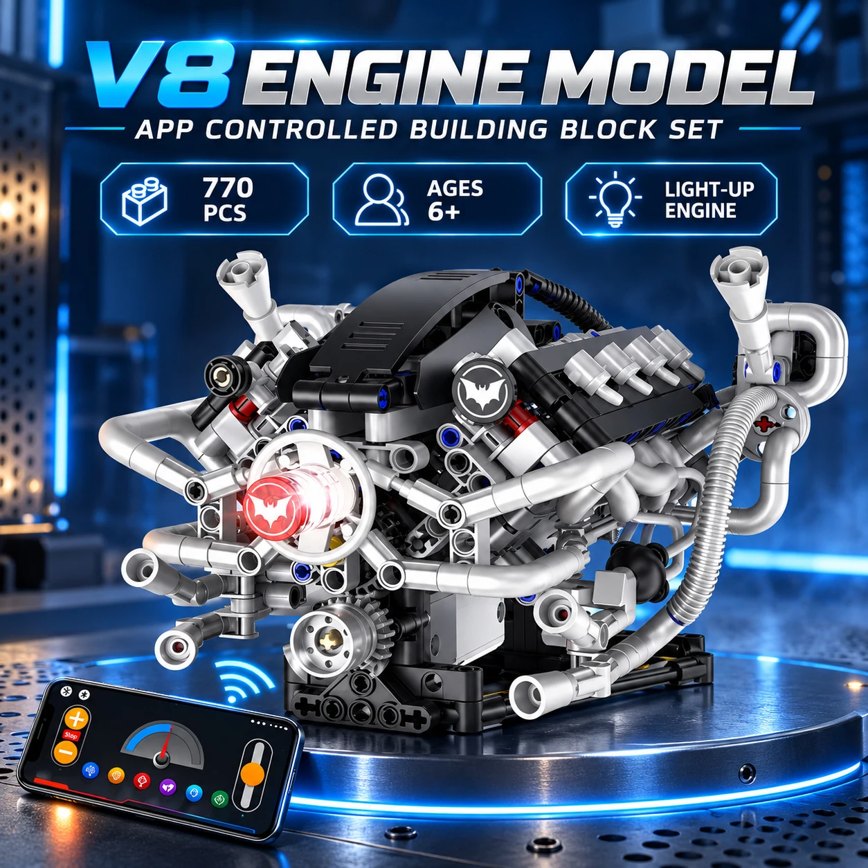 V8 Engine Motorized Building Blocks Kit APP Control RGB Light Technical Bricks 770 Pieces STEM Toy