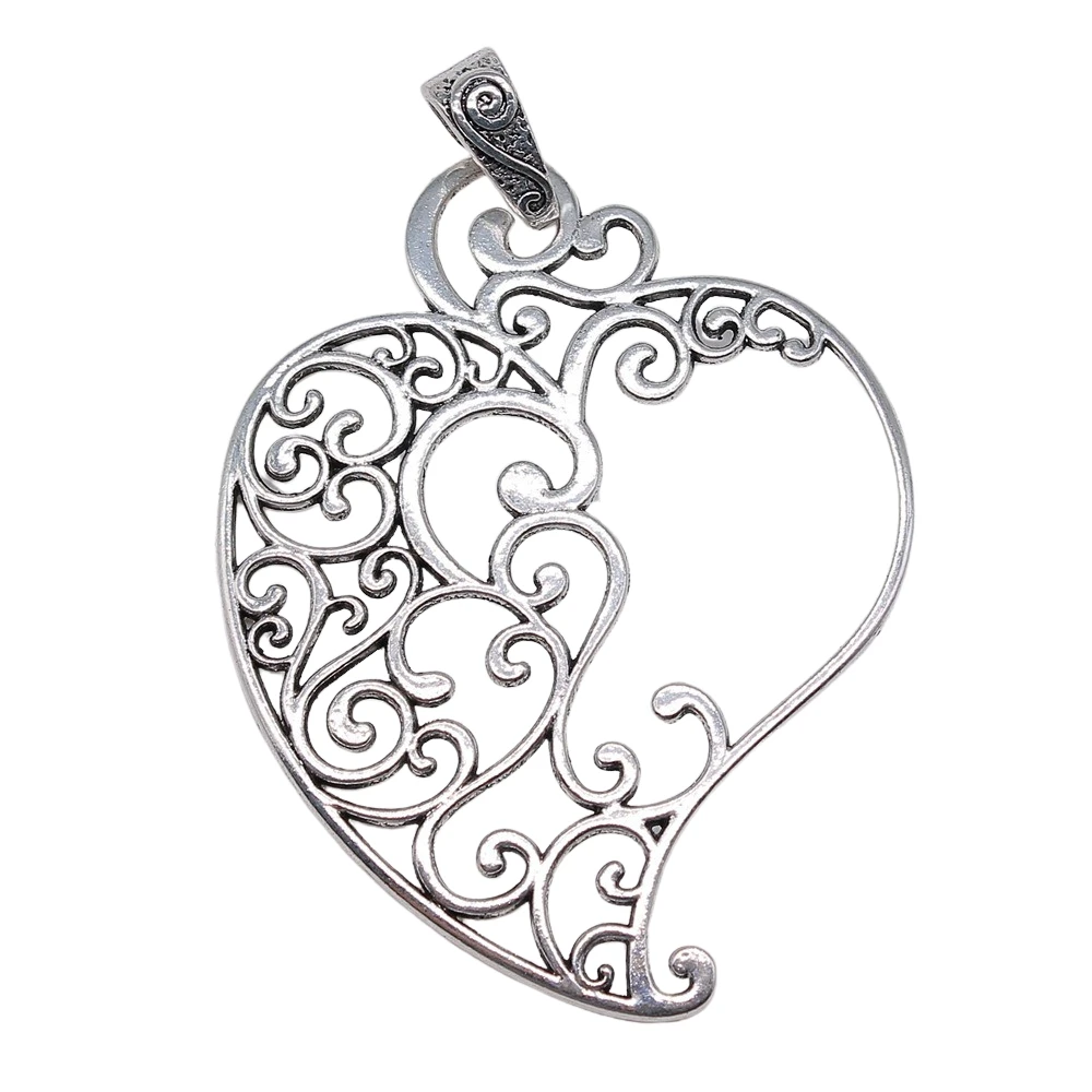 WYSIWYG 1pcs 90x61mm Carved Heart Charms For Jewelry Making Antique Silver Color Charm Pendant Jewelry Accessories