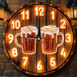 Rustic wooden wall clock with beer mug design, perfect for bars or man caves. Runs on AA batteries